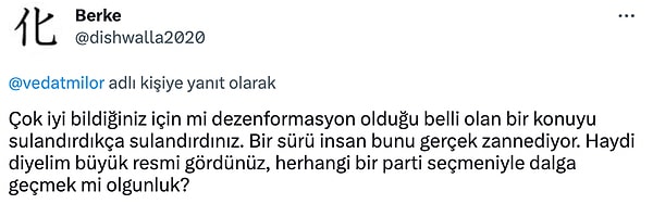 Ancak, bir kesim Milor'un görüşlerine saygı duyarken diğer bir kesim ise ona tepki gösterip "Sen siyasete karışma!" diyor.