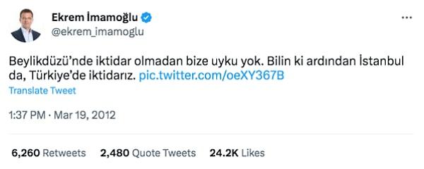 İstanbul Büyükşehir Belediye Başkanı Başkanı Ekrem İmamoğlu'nun 2012 yılında yaptığı "Beylikdüzü’nde iktidar olmadan bize uyku yok, bilin ki ardından İstanbul'da, Türkiye’de iktidarız" paylaşımı ise sosyal medyada gündem oldu.