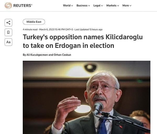 Reuters - “Türkiye'de muhalefet, seçimlerde Erdoğan'ın yerini Kılıçdaroğlu'na verdi”