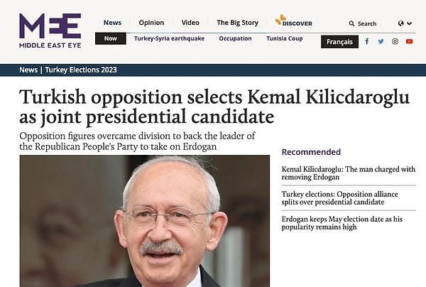 Middle East Eye - "Türk muhalefeti ortak Cumhurbaşkanı adayı olarak Kemal Kılıçdaroğlu'nu seçti"