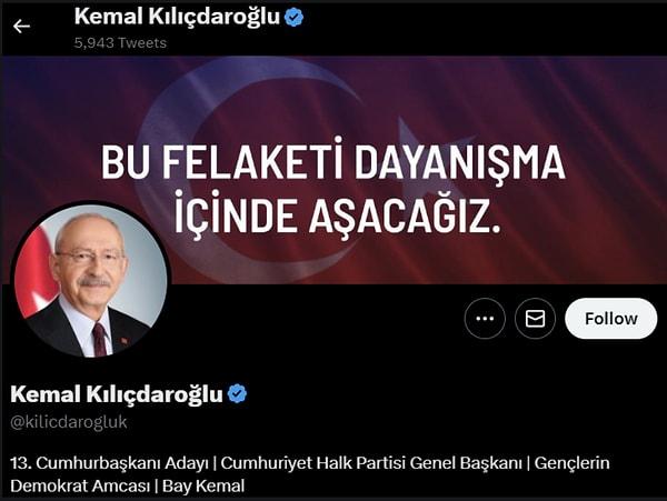Kılıçdaroğlu, bugün ayrıca Twitter hesabında da güncellemeye gitti. CHP lideri profiline "13. Cumhurbaşkanı Adayı" yazısını ekledi ⬇️