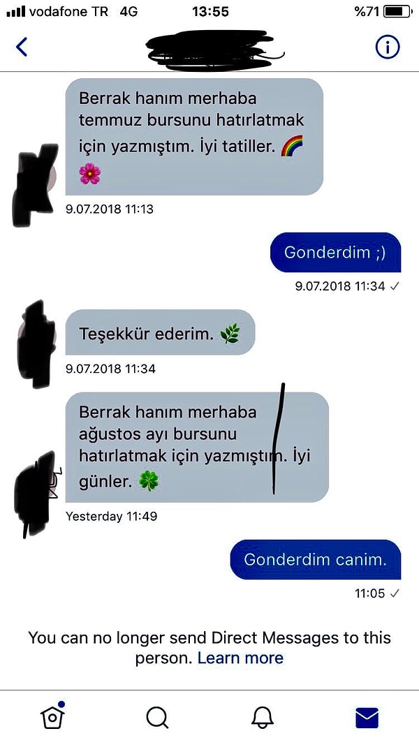 Burs verdiği öğrenciyle konuşmalarının ekran görüntüsünü paylaşan Tüzünataç, gencin kendisini engellediğini söylemişti.