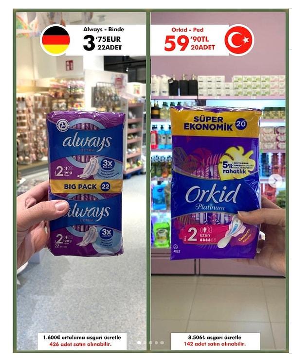 Almanya'da mukayese.de hesabının Instagram paylaşımında pedlerin markette son fiyatını görüyoruz. İçinde 22 adet ped bulunan paket 3,75 euro. Türkiye fiyatı da bu görselde 59,90 olarak 20'lik paket üzerinden verilmiş.