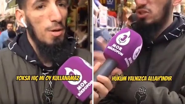 O vatandaş sözlerinin devamında ise, 'Hüküm yalnızca Allah'ındır. O kendisinden başkasına ibadet etmemenizi emretmiştir. Yani burada ibadet Allah Sübhaneke'yi hüküm vermeyi yerine koyuyor. Bu beşeri sistemlere oy verdiğimiz sürece Allah muhafaza dinden çıkmış oluyoruz. Allah'a isyan edip Müslüman vasfından çıkmış oluyoruz' dedi.