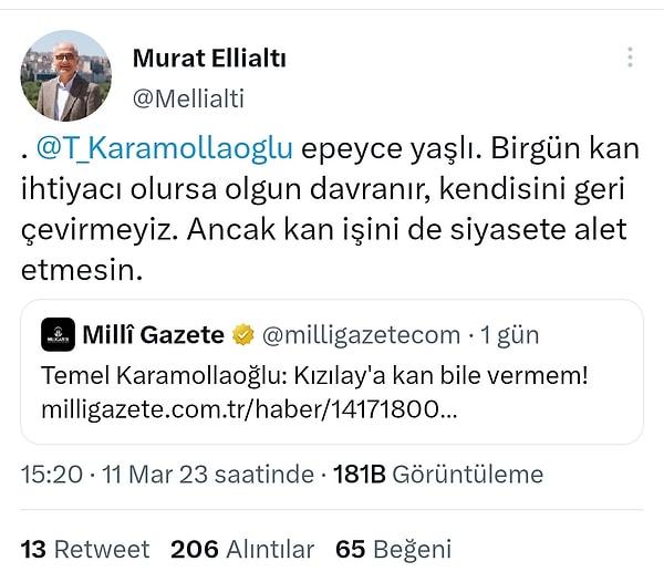 Sosyal medya hesabından Temel Karamollaoğlu'na yanıt veren Ellialtı şunları söyledi: