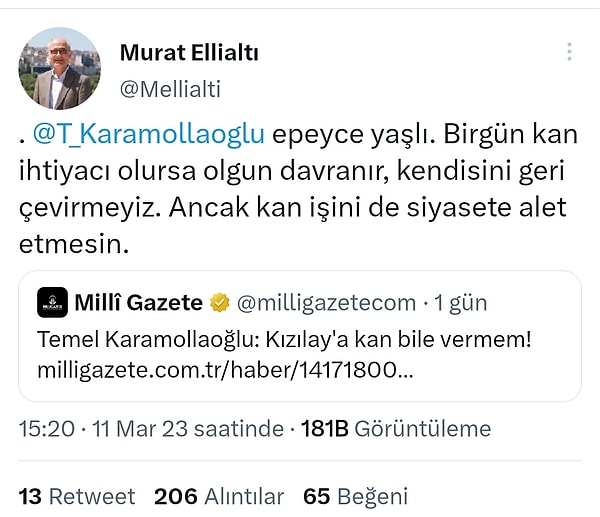 Sosyal medya hesabından Temel Karamollaoğlu'na yanıt veren Ellialtı şunları söyledi: