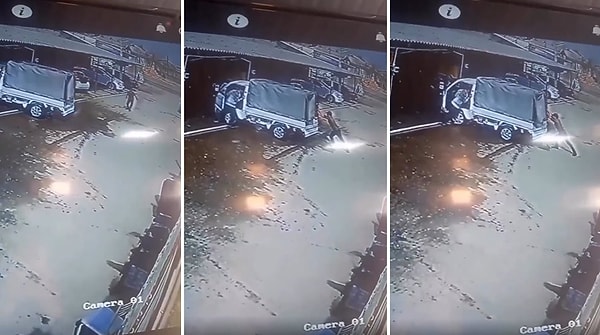 Birileri ön taraftan kamyoneti iterken, bir kişi ise arka taraftan kamyoneti durdurmaya çalışınca da ortaya ilginç görüntüler çıktı.