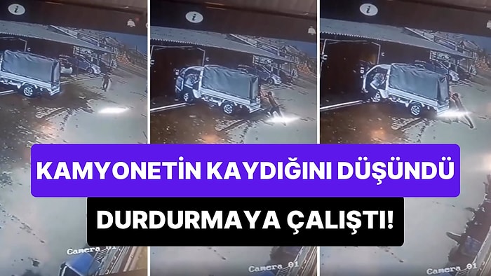 Boş Viteste İtilerek Garajdan Çıkarılan Kamyonetin Kaydığını Düşünerek Durdurmaya Çalışan Adamın Efsane Anları