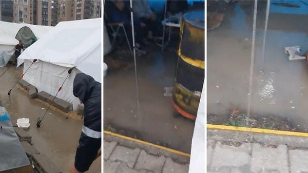 Çadır kentte yaşamını sürdürmeye çalışan bir vatandaş, yağmur sonrası çadır kentin geldiği hali çektiği bir video ile gösterdi.
