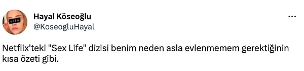 "Netflix'teki "Sex Life" dizisi benim neden asla evlenmemem gerektiğinin kısa özeti gibi." diyen Köseoğlu'nun paylaşımı şöyleydi: