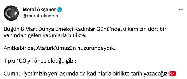 Akşener, ziyareti sırasında Anıtkabir Özel Defterine Cumhuriyetin 100'üncü yılında Türk kadınlarının mücadelesini konu alan bir mesaj bırakmıştı.