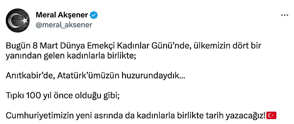 Akşener, ziyareti sırasında Anıtkabir Özel Defterine Cumhuriyetin 100'üncü yılında Türk kadınlarının mücadelesini konu alan bir mesaj bırakmıştı.