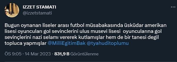 İzzet Stamati isimli Twitter kullanıcısı, "Bugün oynanan liseler arası futbol müsabakasında Üsküdar Amerikan Lisesi oyuncuları Ulus Musevi Lisesi oyuncularına gol sevinçlerini Nazi selamı vererek kutlamışlar. Hem de bir tanesi değil topluca yapmışlar" mesajını paylaştı.