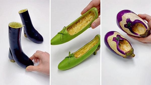Bir sanatçı da farklı sebze ve meyvelerden küçük ayakkabılar tasarlamış.