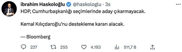 İbrahim Haskoloğlu'nun Twitter Paylaşımı