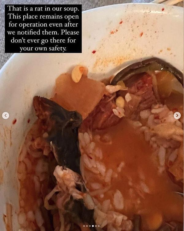 Yemeklerinden çıkan bu fareyi Instagram hesaplarında paylaşan çift, "Çorbamızda fare var. İşletmeye haber vermemize rağmen hala yemek satmaya devam ediyorlar. Kendi güvenliğiniz için buraya gitmeyin." açıklamasını yaptı.