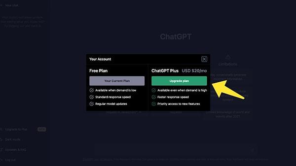 Açılan, ücretsiz ve ChatGBT Plus planın gösterildiği küçük pencerede sağdaki yeşil butona basın.