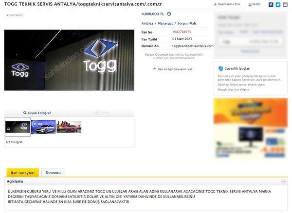 toggbayi.com, toggyedekparca.com gibi benzeri alan adları 100 bin lira ile 7,5 milyon lira arasında değişiyor. Bazı ilanların fiyatının Togg’dan daha pahalı olması dikkat çekiyor.