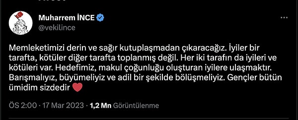 Millet İttifakı saflarına katılmasıyla ilgili tavrı merakla beklenen Muharrem İnce'nin son attığı tweet böyle.