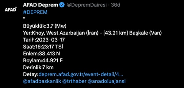 İlk deprem saat 16:23’te Van Başkale merkezli yaşandı. AFAD’dan yapılan açıklamaya göre; depremin şiddeti 3.7