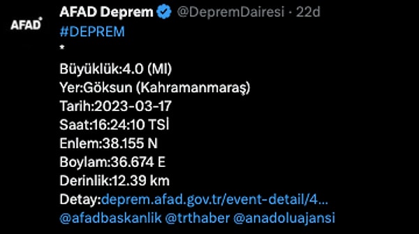 İkinci deprem ise Van depreminden 1 dakika sonra Kahramanmaraş’ta meydana geldi. Saat 16:24’te meydana gelen Göksun merkezli depremin şiddeti 4,0 olarak açıklandı.