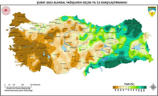 2023 Yılı Şubat Ayı Alansal Yağış Raporu'na göre; Türkiye geneli şubat ayı yağışları, normalinin ve geçen yıl şubat ayı yağışlarının altında gerçekleşti.