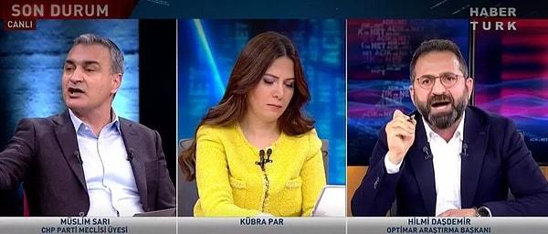 Habertürk ekranlarında yayınlanan Kübra Par'ın moderatörlüğünü yaptığı Açık ve Net programında gergin dakikalar yaşandı. Sert ifadelerin havada uçuştuğu programda Optimar Araştırma Başkanı Hilmi Daşdemir yayını terk etti.