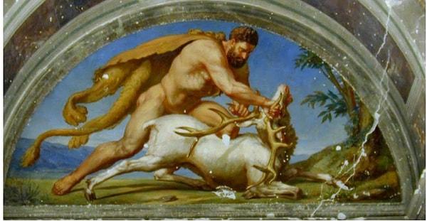 Geyik temalı diğer bir mit ise Herkül’ün 12 görevinden birinde Artemis’in kutsal geyiği olan Kyreneia Geyiği’ni canlı yakalamasıdır.