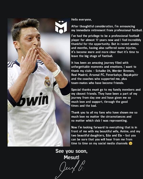 Mesut Özil bugün yaptığı açıklamayla aktif futbolculuk kariyerini noktaladığını duyurdu.