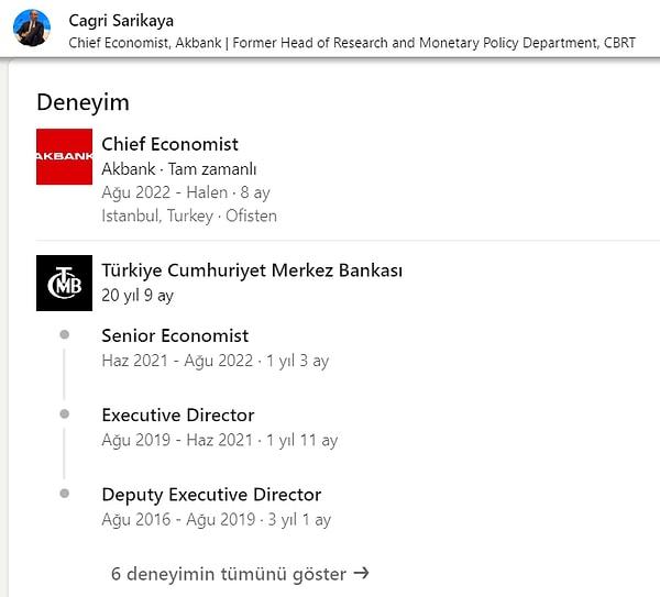 Yüncüler'in ekip arkadaşı ve yöneticisi konumunda bankasının başekonomisti de Çağrı Sarıkaya, yaklaşık 21 yıllık Merkez Bankası tecrübesi sonrası 8 aydır özel sektörde görev yapıyor.