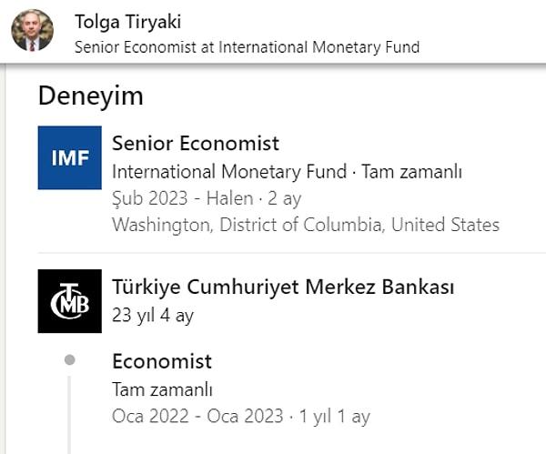 En son ayrılan olarak görülen Tolga Tİryaki de 23 yıldan fazla görev yaptığı Merkez Bankası'ndan Ocak ayı itibarıyla ayrılarak IMF'de 'deneyimli ekonomist' olarak görev almaya başlamış.