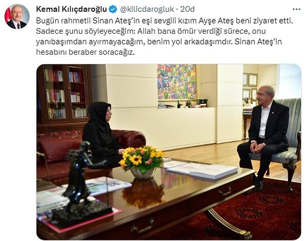 Düzenlenen silahlı saldırıda öldürülen Ülkü Ocakları eski Başkanı Sinan Ateş’in kızının kendisini ziyaret ettiğini ifade eden Kılıçdaroğlu, şu ifadeleri kullandı;