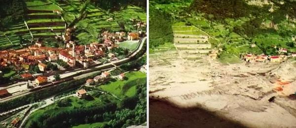 Bu büyük facianın vurduğu köylerden biri olan Longarone’nin önceki ve sonraki görüntüsü ise şu şekilde 👇
