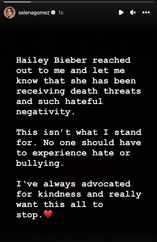 Bunun üzerine Selena, sosyal medya hesabından eski sevgilisinin eşinin ölüm tehditleri aldığını söyleyerek Hailey'i savundu.