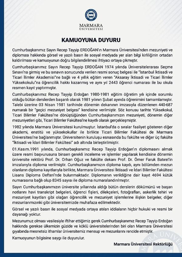 Marmara Üniversitesi'nden konuya ilişkin yapılan açıklama şu şekilde: