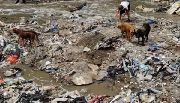 İnsanlar, Guatemala'nın en büyük depolama sahasının iki yanında bulunan bu kirli nehirden hurda metal topluyor.
