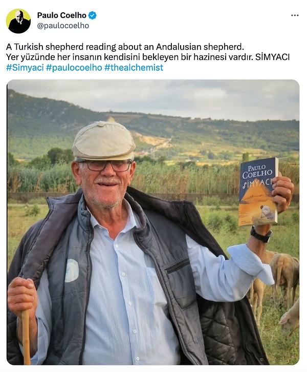 "Endülüslü bir çobanı okuyan Türk bir çoban" açıklaması ile bu şirin fotoğrafı paylaşan Coelho, 'Simyacı' eserinden bir cümleyi de ekledi!