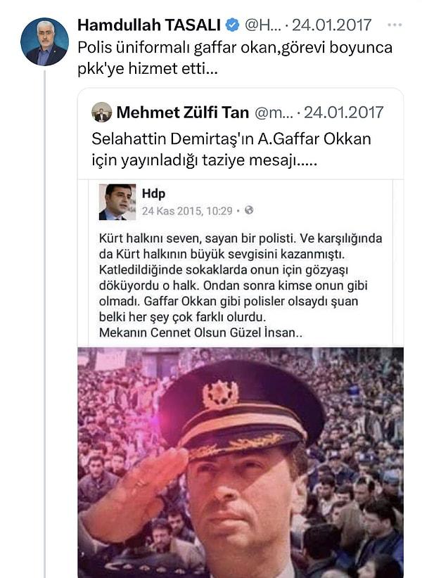 Partisinin Konya İl Başkanı Mehmet Zülfi Tan, sahte bir 'HDP' hesabının Okkan'la ilgili paylaşımını alıntılayarak, “Selahattin Demirtaş'ın A.Gaffar Okkan için yayınladığı taziye mesajı” ifadeleriyle paylaştı. Demirtaş’a ait olmayan bu cümlelerin yer aldığı paylaşımı ve Tan'ın yorumunu alıntılayan HÜDA-PAR Genel Başkan Yardımcısı Hamdullah Tasalı, “Polis üniformalı Gaffar Okkan, görevi boyunca PKK'ye hizmet etti” ifadelerini kullandı.