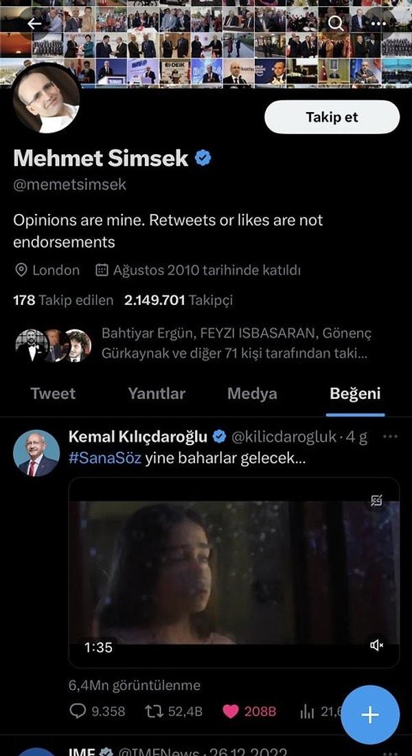 Eski bakan Şimşek, Kemal Kılıçdaroğlu’nun seçim startı verdiği ‘Sana söz yine baharlar gelecek’ başlığı ile paylaştığı videoyu beğendi.