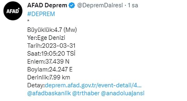 İzmir'in Çeşme ilçesinin 200 kilometre açıklarında meydana gelen depremin 7,99 kilometre derinlikte olduğu belirlendi.