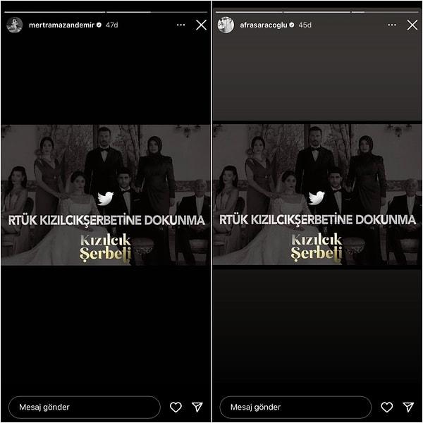 Dizinin sevilen başrol oyuncuları Afra Saraçoğlu ve Mert Ramazan Demir de sosyal medyada Kızılcık Şerbeti'ne Dokunma paylaşımları yaparak diziyi destekledi.
