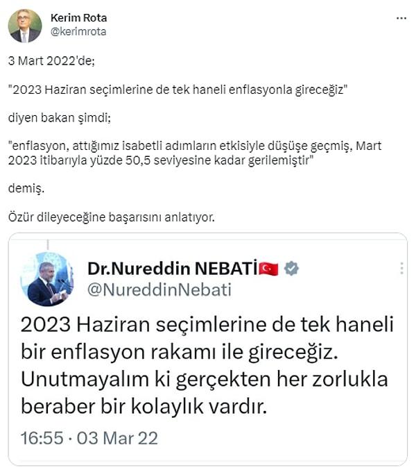 Sosyal medyada da Gelecek Partisi Ekonomi Politikaları Başkanı Kerim Rota başta olmak üzere Nebati'nin değerlendirmelerine yorumlar yapıldı.