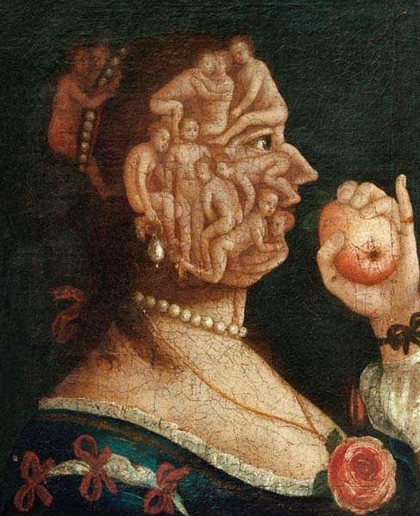 Arcimboldo'nun en önemli sanatsal özelliği, meyve, sebze, çiçek, hayvan ve kitap gibi nesnelerle insan portreleri oluşturma yöntemidir.