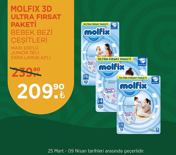 Molfix 3D Ultra Fırsat Paketi Bebek Bezi Çeşitleri 209,90 TL.