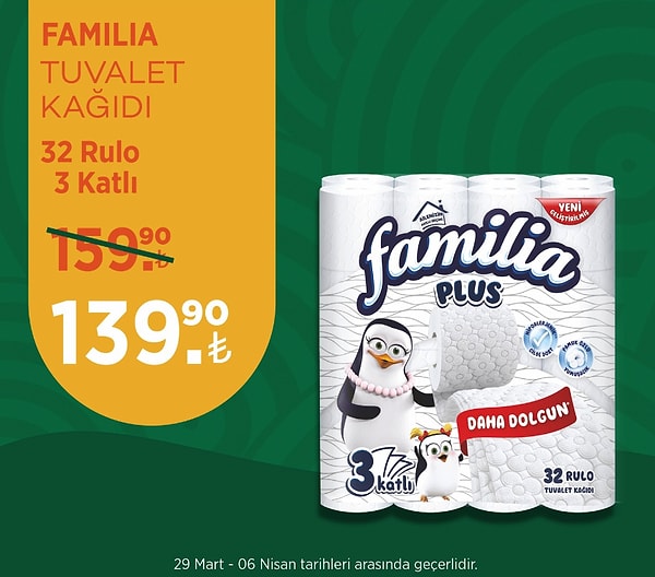 Familia Tuvalet Kağıdı 32 Rulo 3 Katlı 139,50 TL.