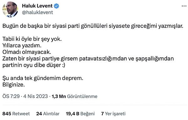 Birçok kişi tarafından milletvekili olması gerektiği savunulan Haluk Levent'in paylaşımı...