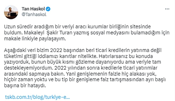 Geçen aylarda özellikle sanayicilerle Merkez Bankası başkanı arasından da tartışmalara neden olan ticari kredilerin kullanımına dair bir veri de bu bağlamda dikkat çekti.