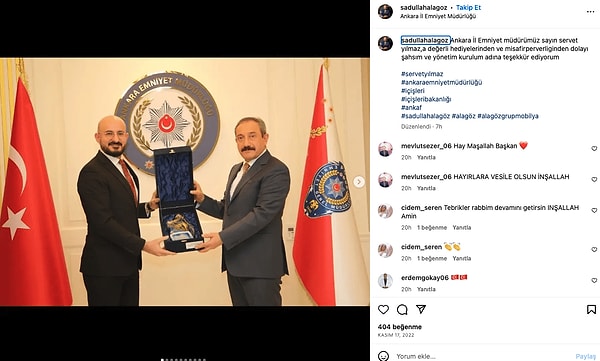 Alagöz, soruşturma kapsamında ifade vermeden bir hafta önce, Ankara Emniyet Müdürü Servet Yılmaz’ı makamında ziyaret etti. Alagöz, Yılmaz’la birlikte fotoğraflarını Instagram hesabına koyarken şu notu düştü: “Ankara İl Emniyet Müdürümüz Servet Yılmaz’a değerli hediyelerinden ve misafirperverliğinden dolayı şahsım ve yönetim kurulum adına teşekkür ediyorum.”