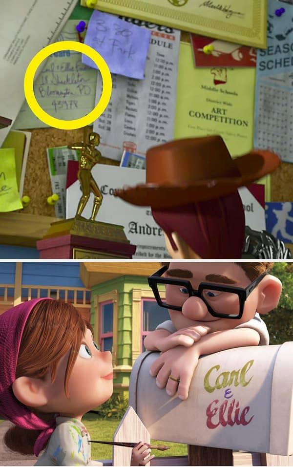 10. Toy Story (2010) filmindeki Andy karakterinin Up (2009) filmindeki Carl ve Allie karakterlerinden bir kartpostalları var!