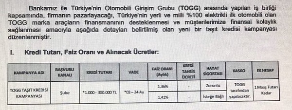 İsmi henüz belli olmayan bir kamu bankasının yeni araç için başlatmayı hedeflediği kredi kampanyası sızdırıldı. Kredi için düşünülen vade tutarı ve faiz oranı gün yüzüne çıktı.